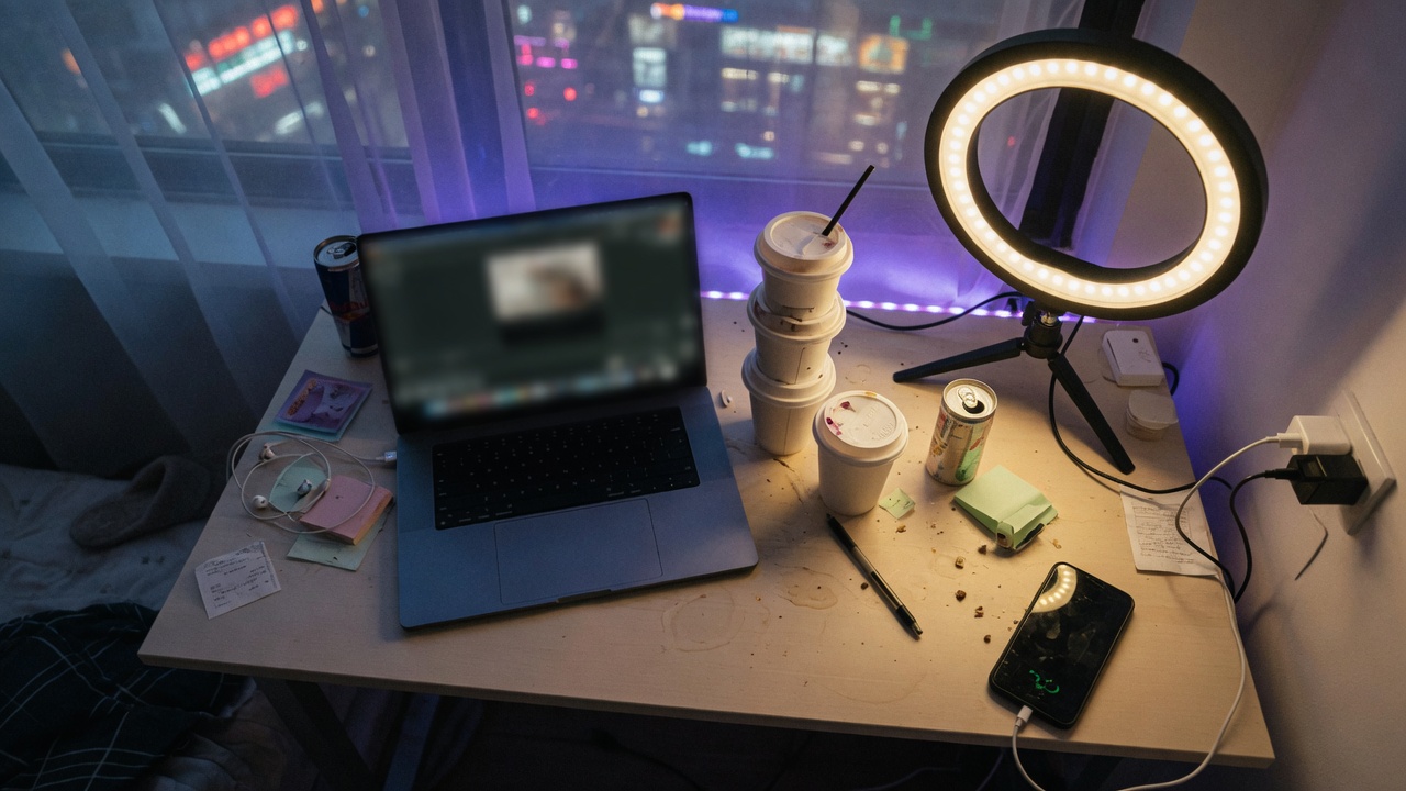A creator desk with a ring light at night