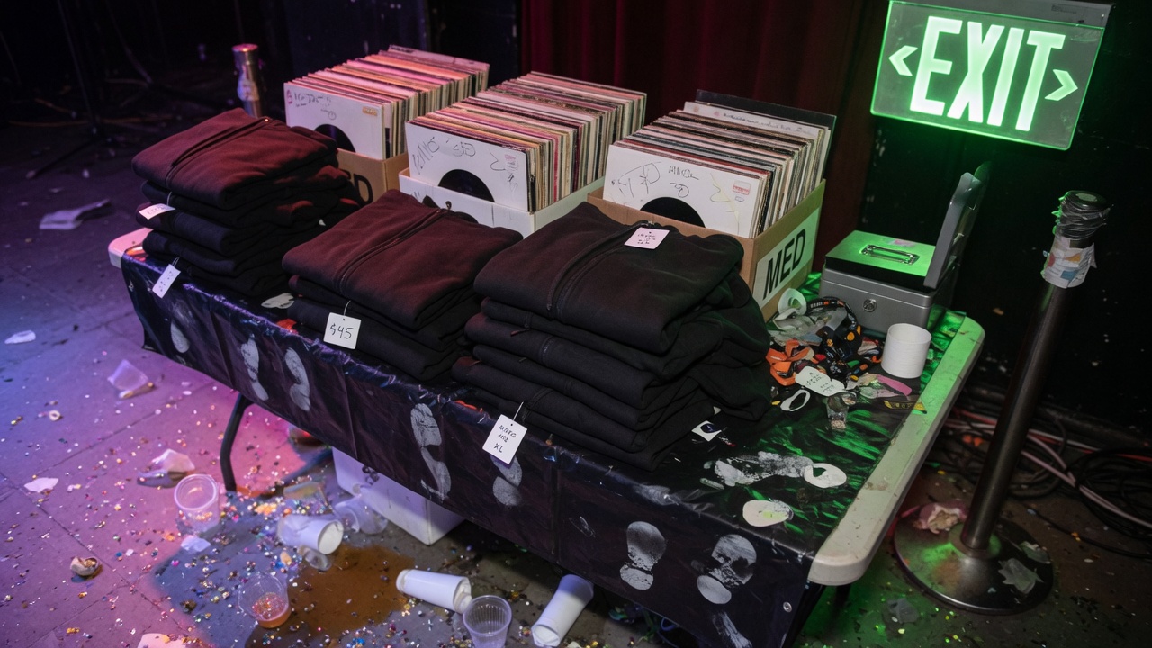 A merch table after a show