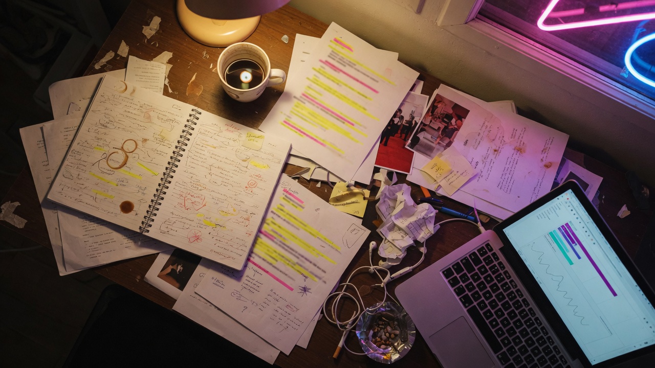 A journalist's desk at night with a laptop and coffee