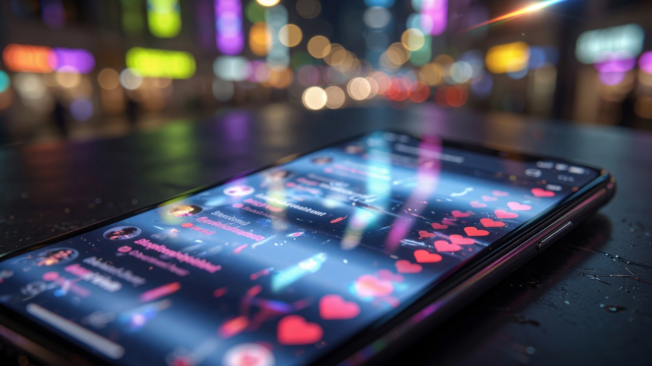 A phone on a desk with a blurred social feed