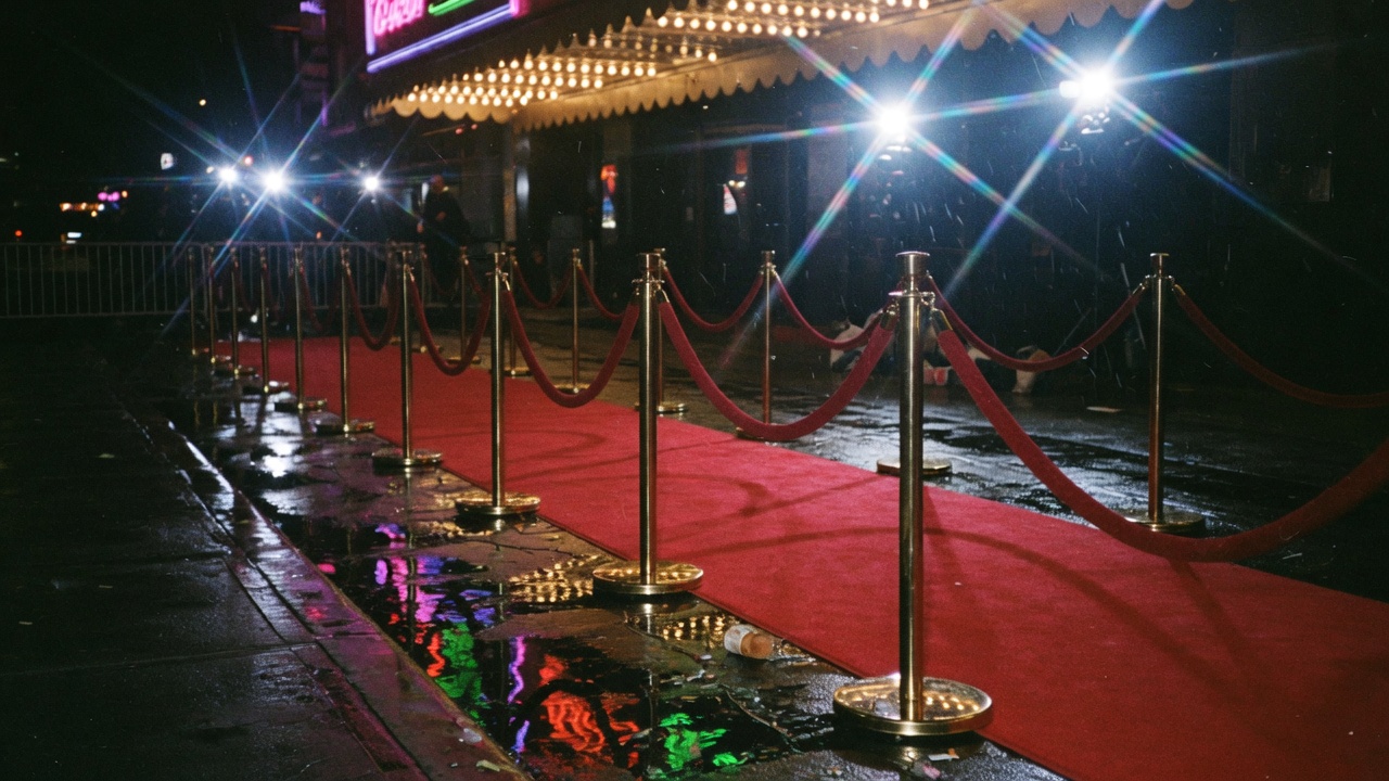 An empty red carpet at night with camera lights