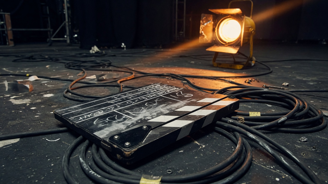 A clapboard and cables on a dark soundstage