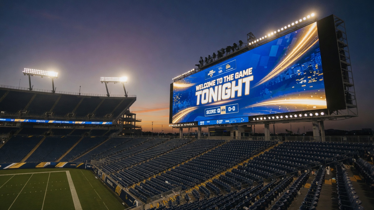 A stadium at dusk under floodlights