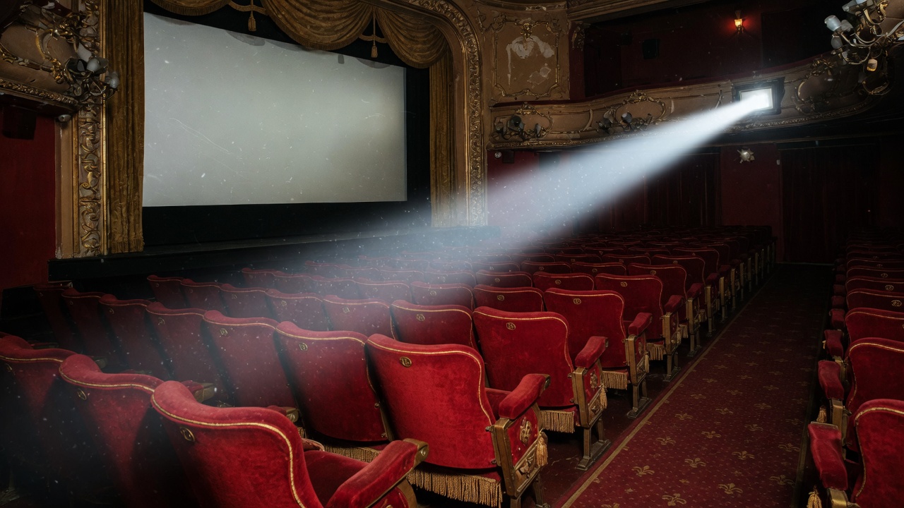 Empty movie theater seats and a projector beam