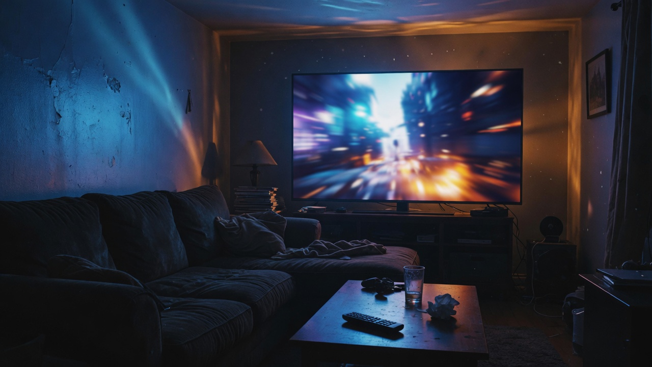A dark living room lit by a television